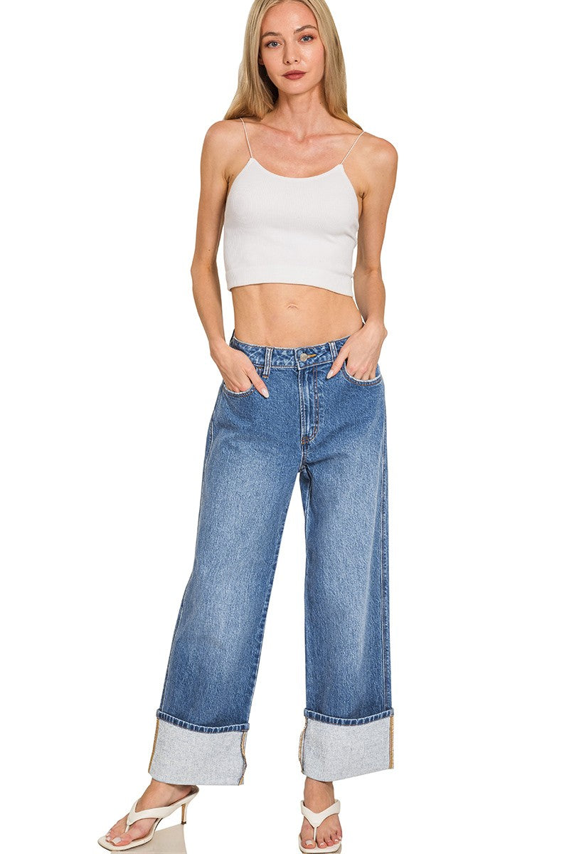 High Rise Cuffed Wide Leg Denim Pants