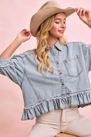 Washed Denim Ruffled Hem Button Up Shirt