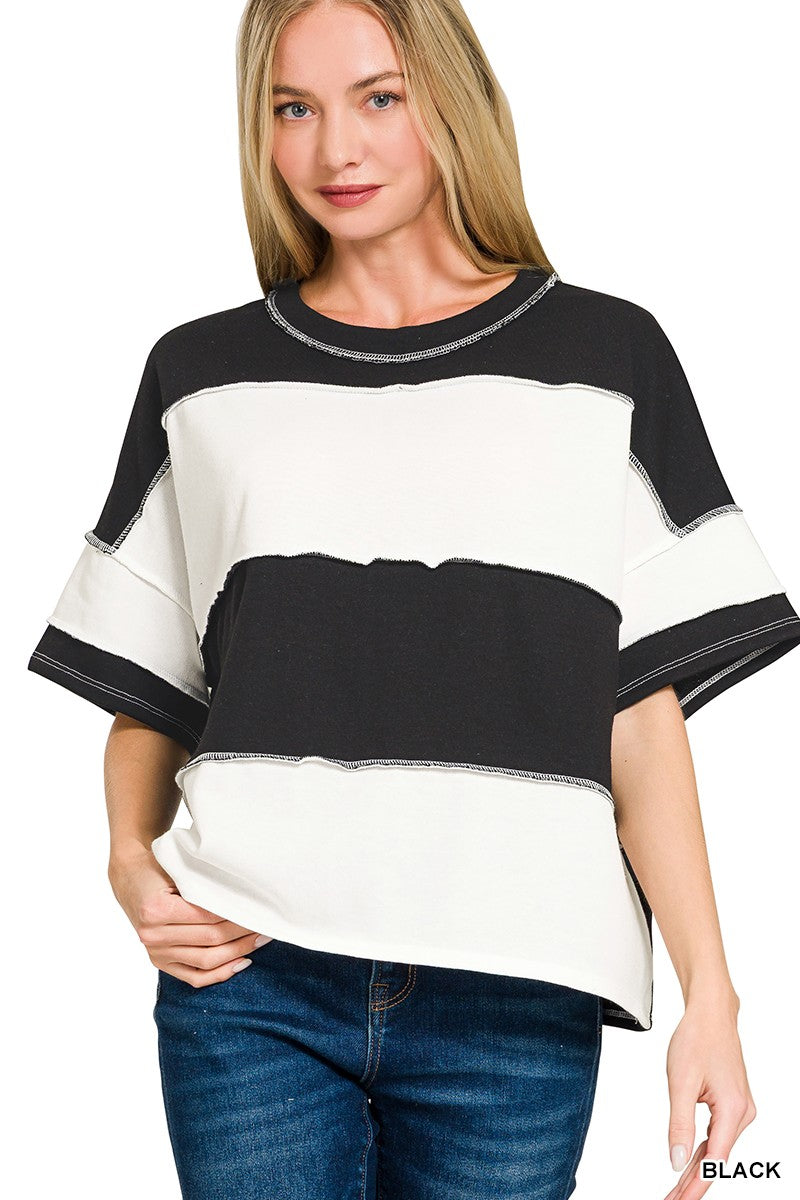French Terry Color Block Exposed Seam Top