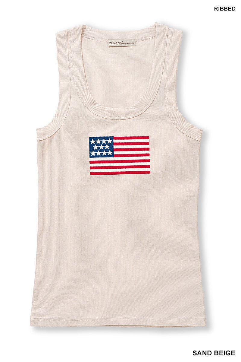 Ribbed American Flag Patch Scoop Neck Tank Top