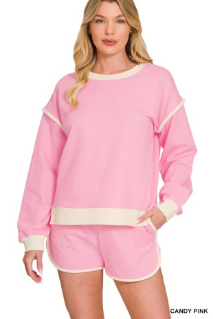 French Terry Contrast Binding Pullover & Shorts Set