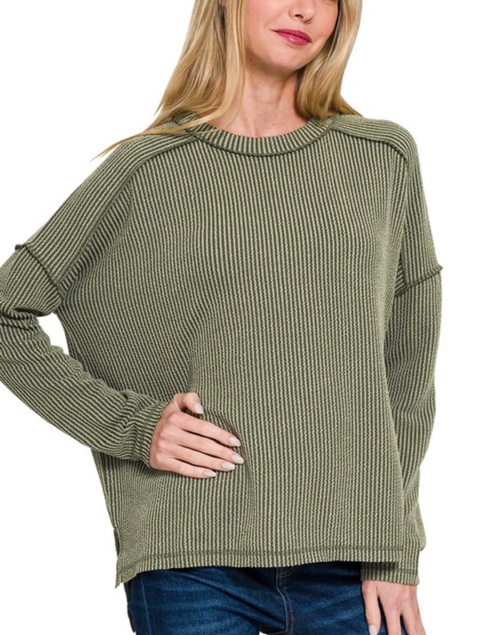 Rib raw edge long sleeve top