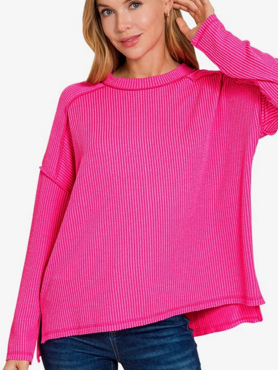 Rib raw edge long sleeve top