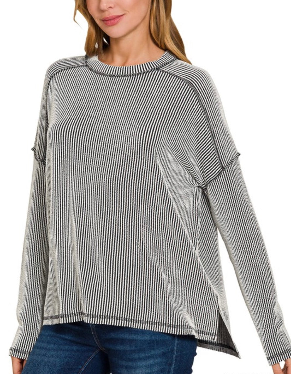 Rib raw edge long sleeve top