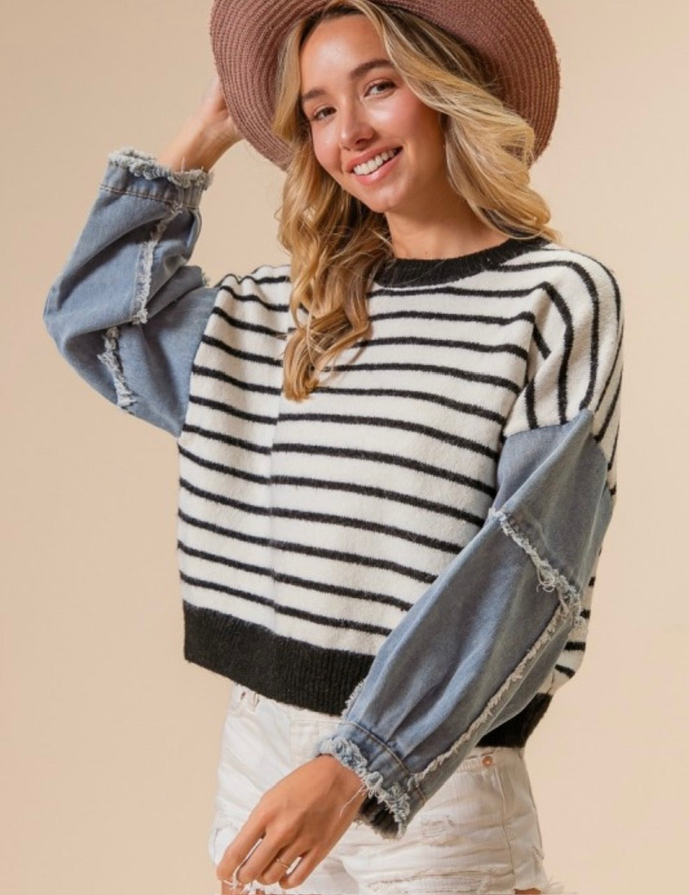 Washed Denim Sleeve Striped Sweater