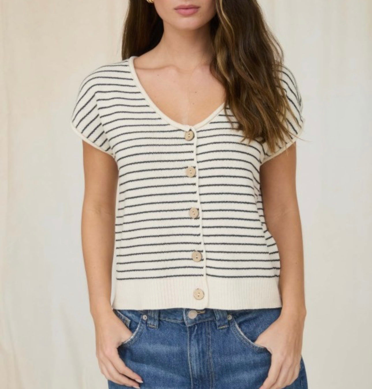 Stripe Scoop Neck Raw Edge Short Sleeve Cardigan