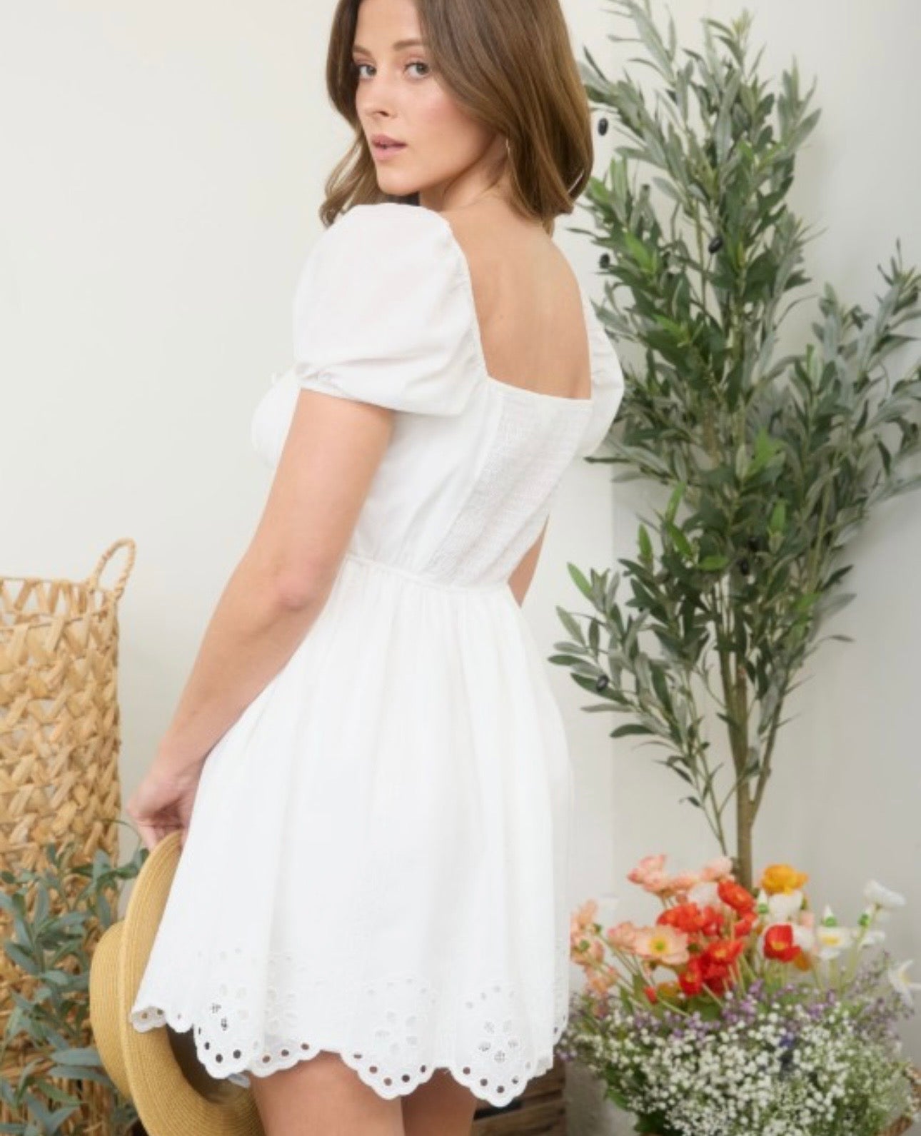 Embroidered Puff Sleeve Scallop Hem Mini Dress