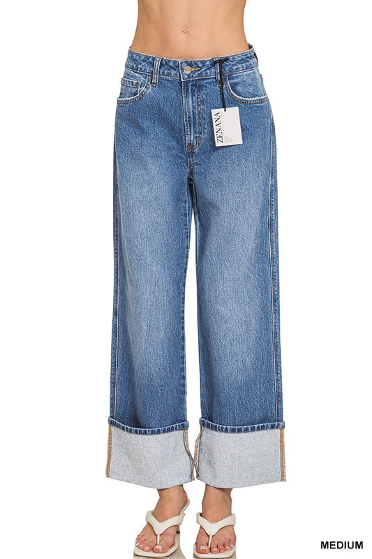 High Rise Cuffed Wide Leg Denim Pants