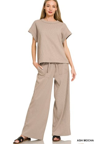 Mocha Ribbed Short Sleeve Tee & Pants Set