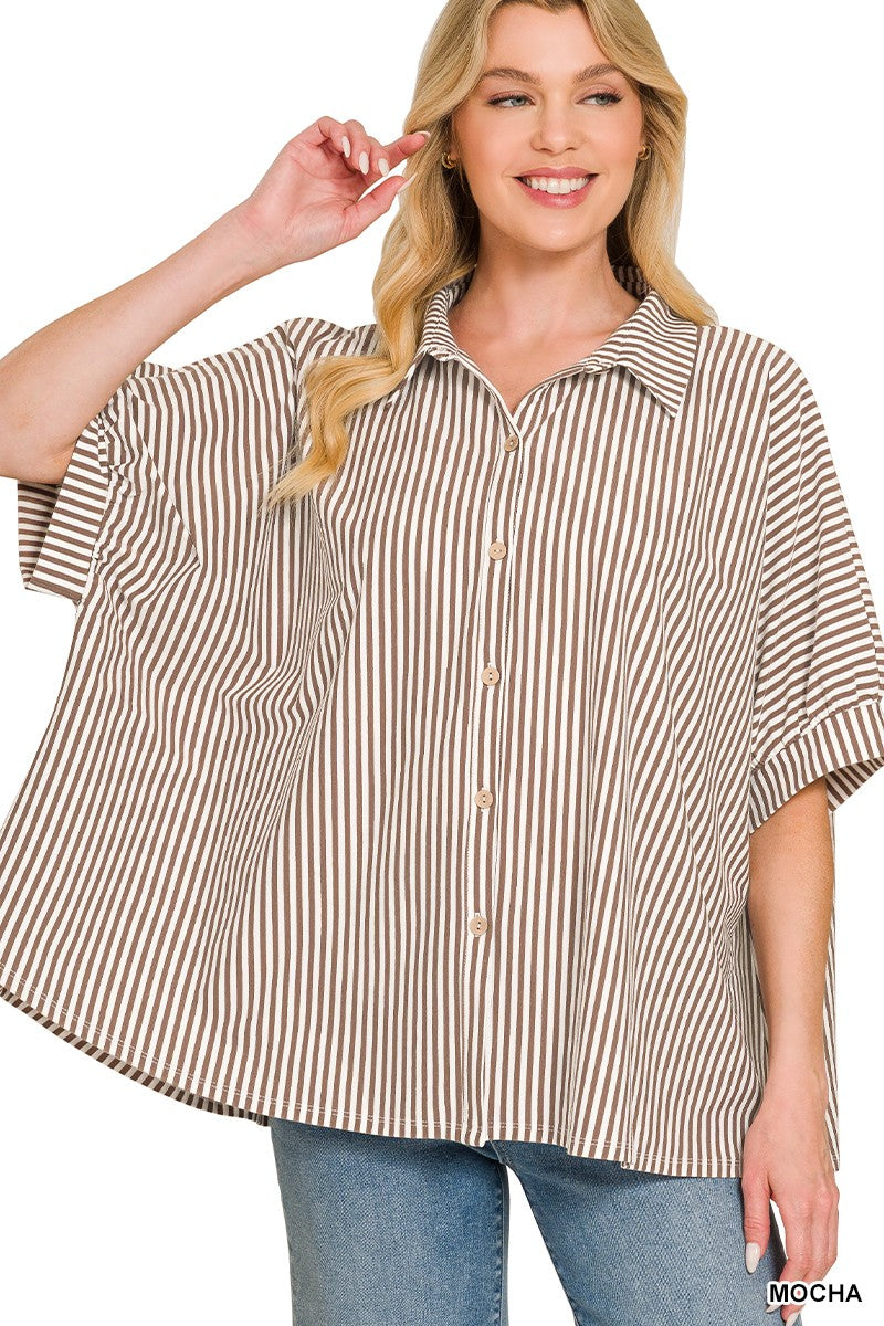 Oversized Stripe Button-down Stretch Knit Shirts