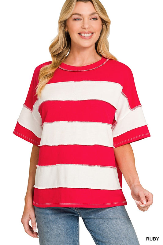 French Terry Striped Exposed Seam Top