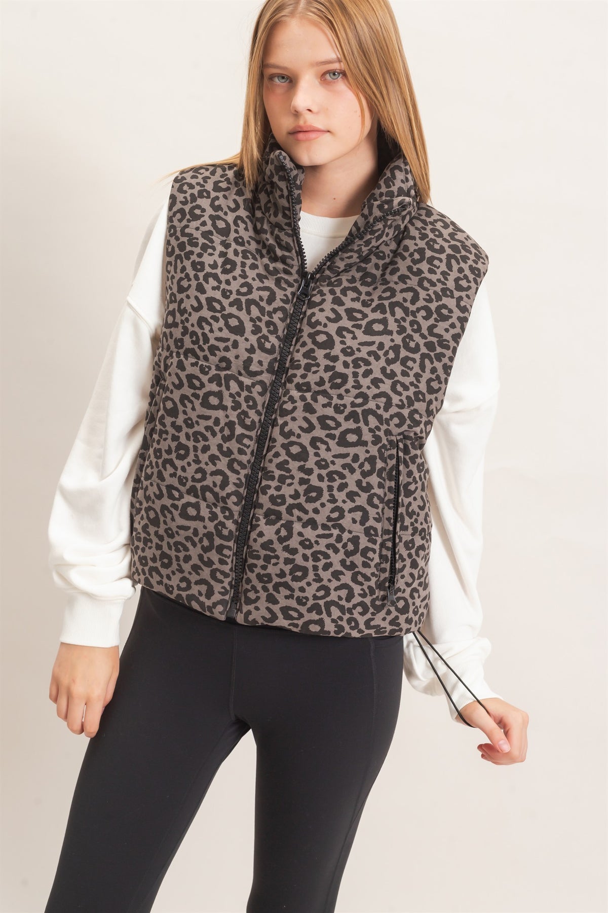Leopard Quilted Zip Up Puffer Vest