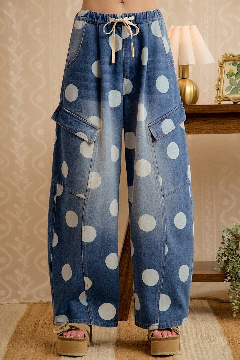 Washed Polka Dot Denim Barrel Pants With Cargo Pockets