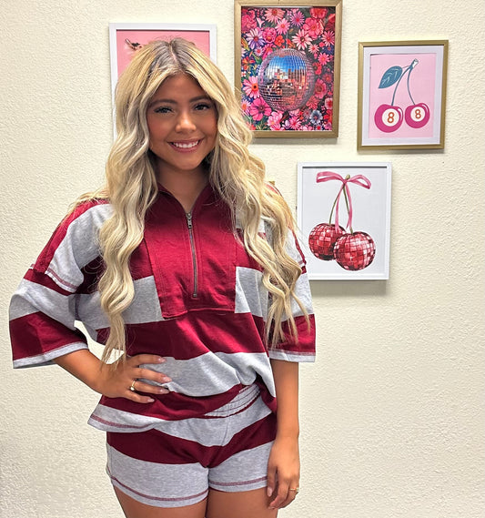 Frenchterry Striped Half Zip Top & Shorts Set