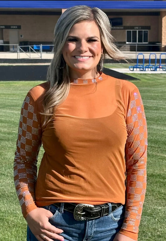 Pumpkin Rhinestone Mesh Top