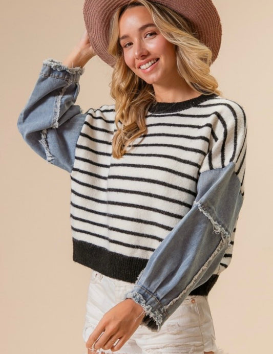 Washed Denim Sleeve Striped Sweater