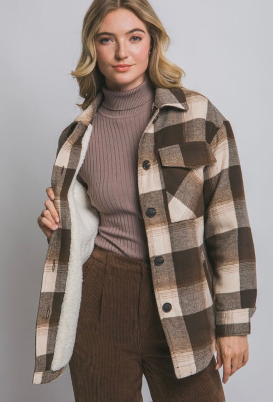 Plaid Button Up Jacket With Sherpa Lining