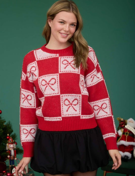 Checkered Bow Jacquard Crewneck Knit Sweater