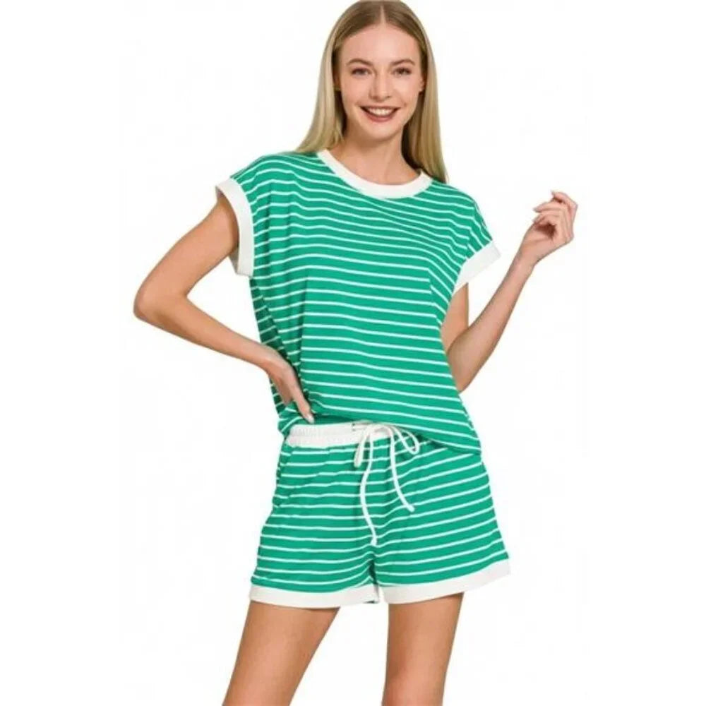 Stripe Contrast Trim Rib Banded Top & Shorts Set